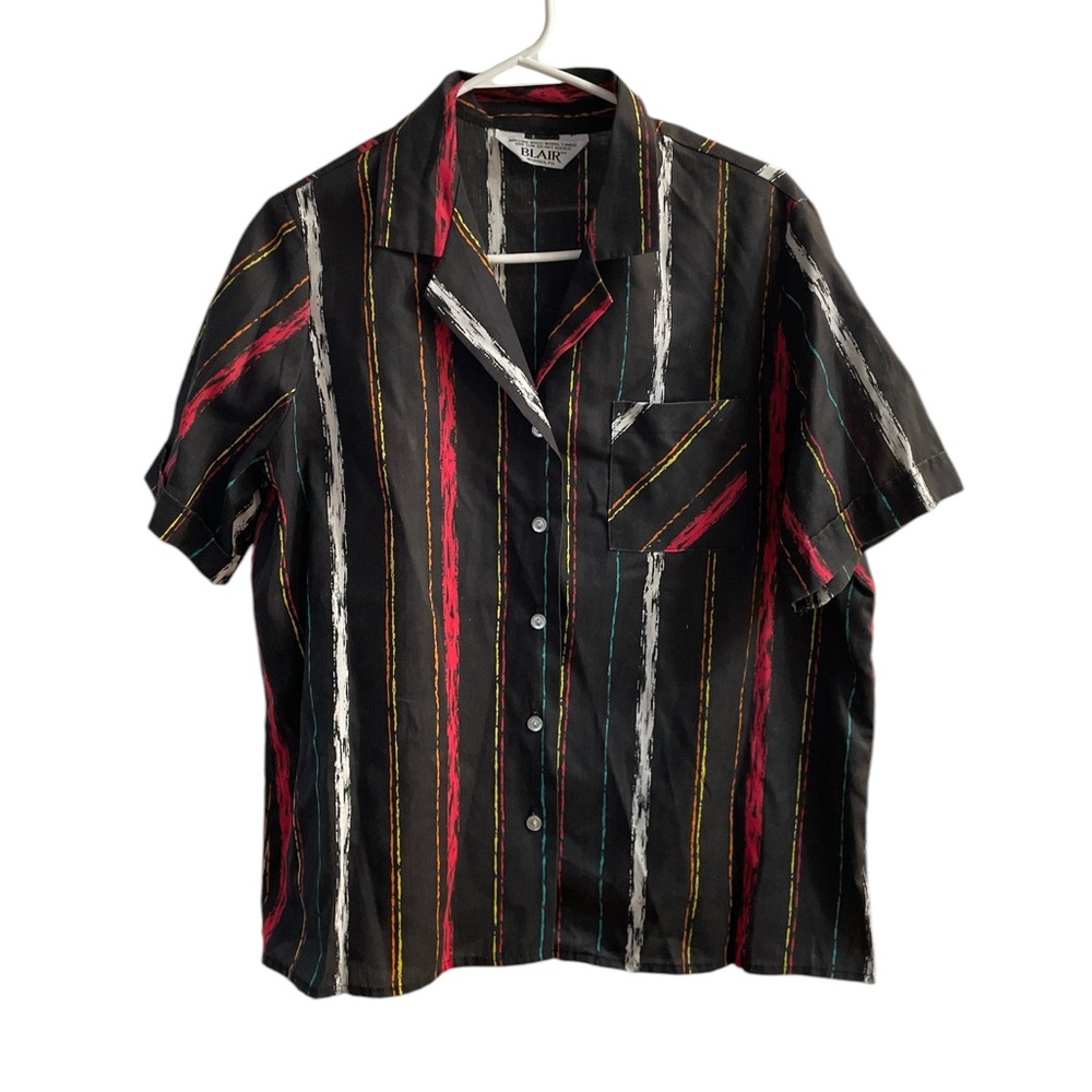 Vintage Blair M 80’s Black Short-Sleeve Button-Down Shirt Abstract stripe brush